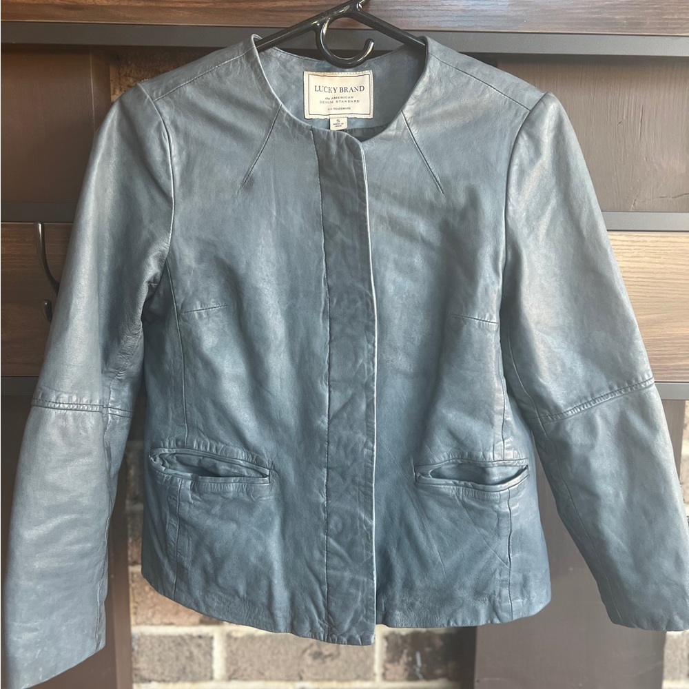 Super Soft Lucky Brand Women's Blue-Grey 100% Leather Jacket